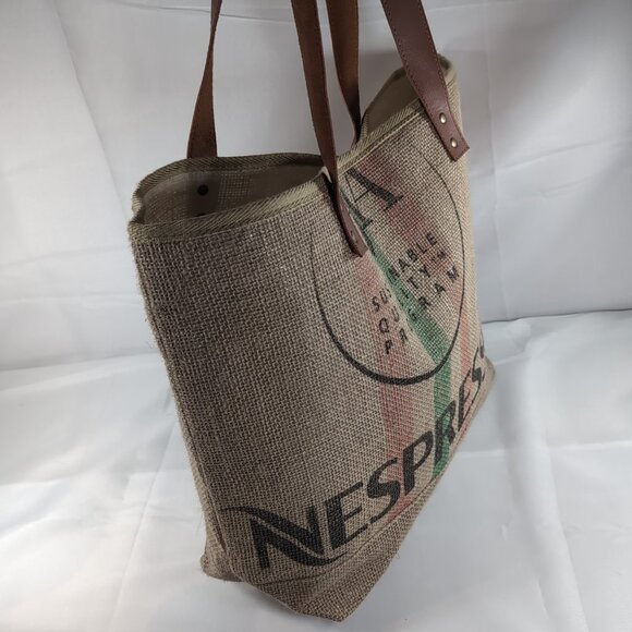 Nespresso Tote Bag Jute Burlap Beige Brown Faux Leather Shoulder 19x14" Coffee - Picture 6 of 14